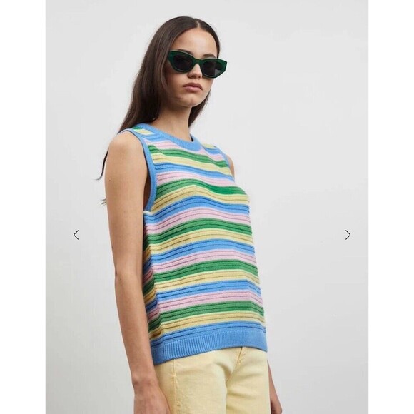 NWT ICHI Striped Pastel Sweater Vest Tank Crochet Knit Grandma Core Textured Med - Picture 1 of 9